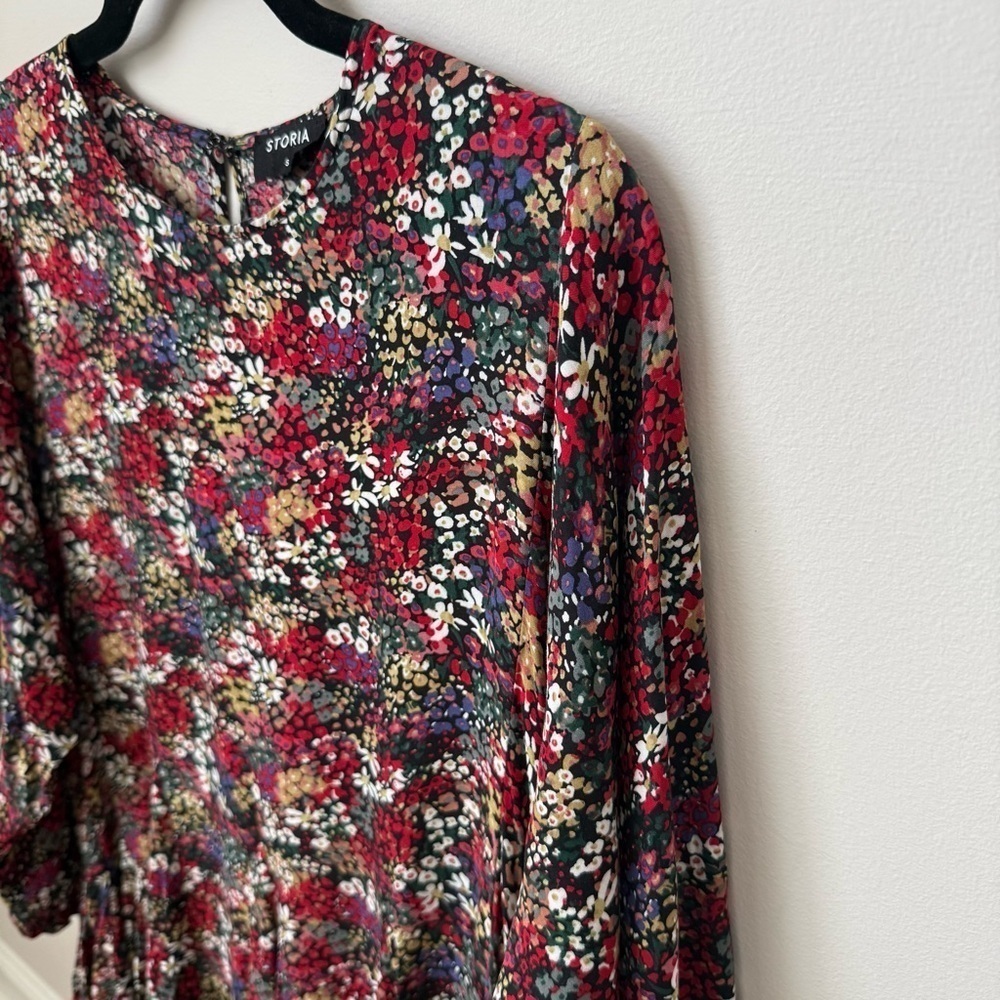 Storia Perennial Floral & Frills Mini Dress Multi Oversized Cottage Boho Pleat S - Picture 3 of 12
